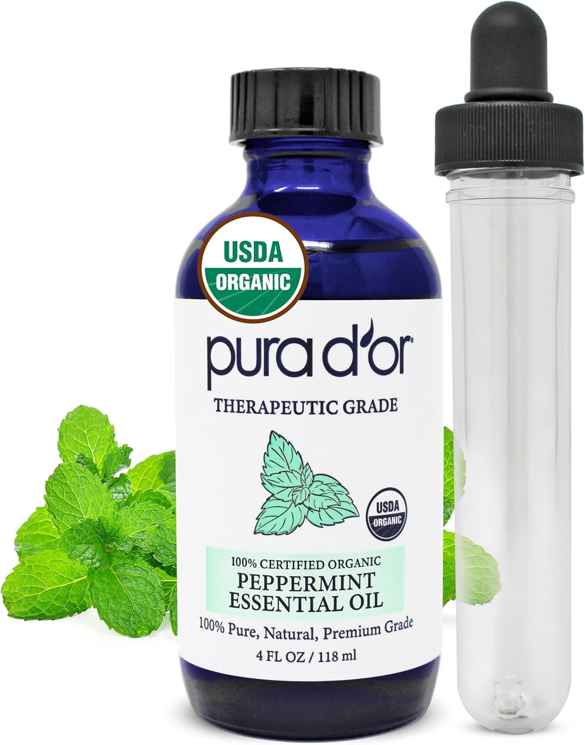 PURA D’OR Organic Peppermint Essential Oil (4oz with Glass Dropper) 100% Pure & Natural Therapeutic Grade – Hair, Body, Skin, Aromatherapy Diffuser, Massage, Refreshens, Energy, Mood, Home, DIY Soap