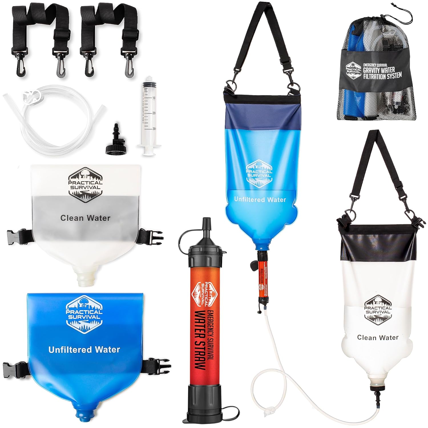 Gravity Water Filtration System – 2 High Capacity Lightweight Hanging Bags for Backpacking, Camping, Survival, Hiking, Hunting – Dirty, Clean Water Bags, Water Filter and Cleaning Plunger Included