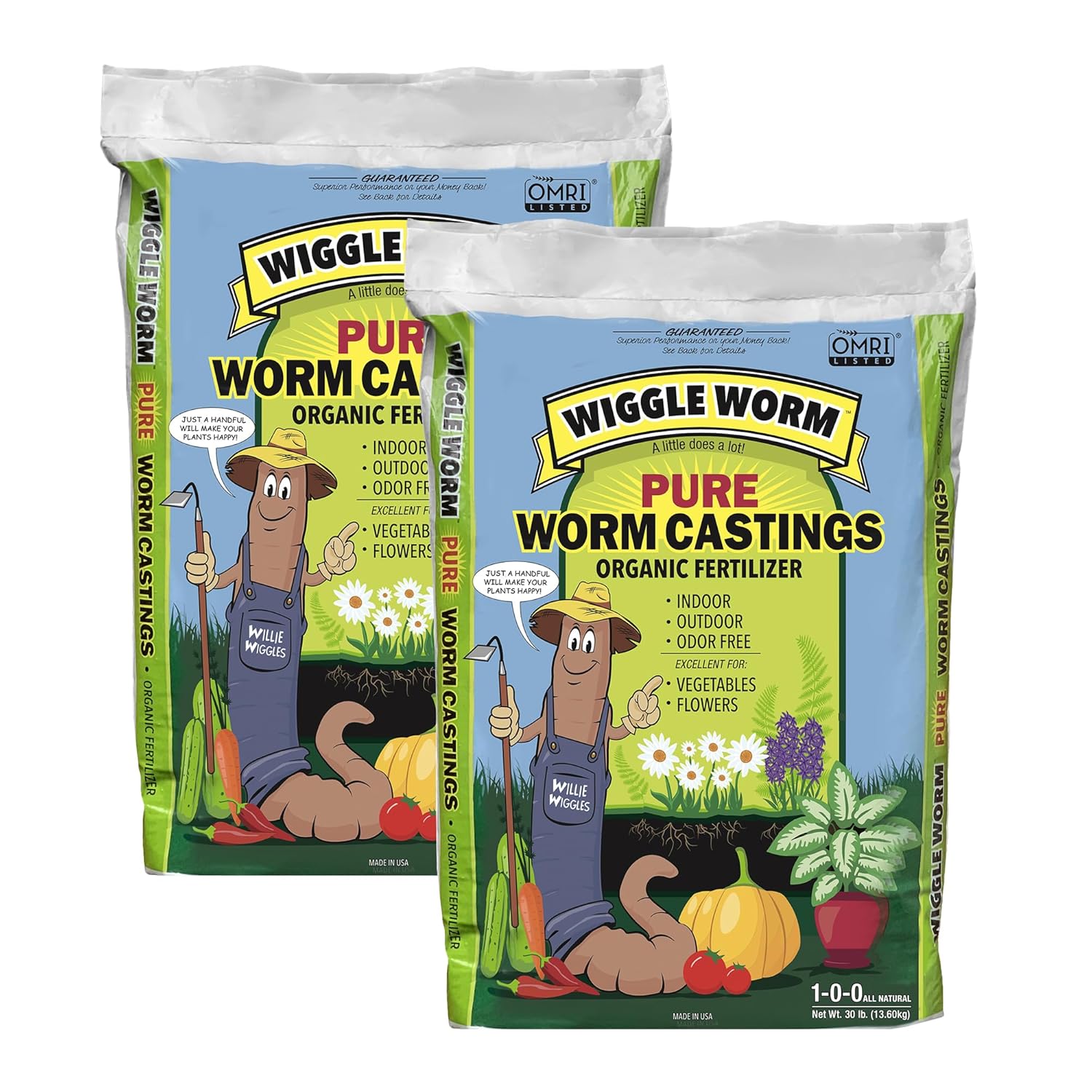 Wiggle Worm 100% Pure Organic Mineral-Dense Worm Castings Fertilizer, 30lbs, Pack of 2 – Improves Soil Fertility and Aeration for Growing Better Houseplants, Vegetables, and More