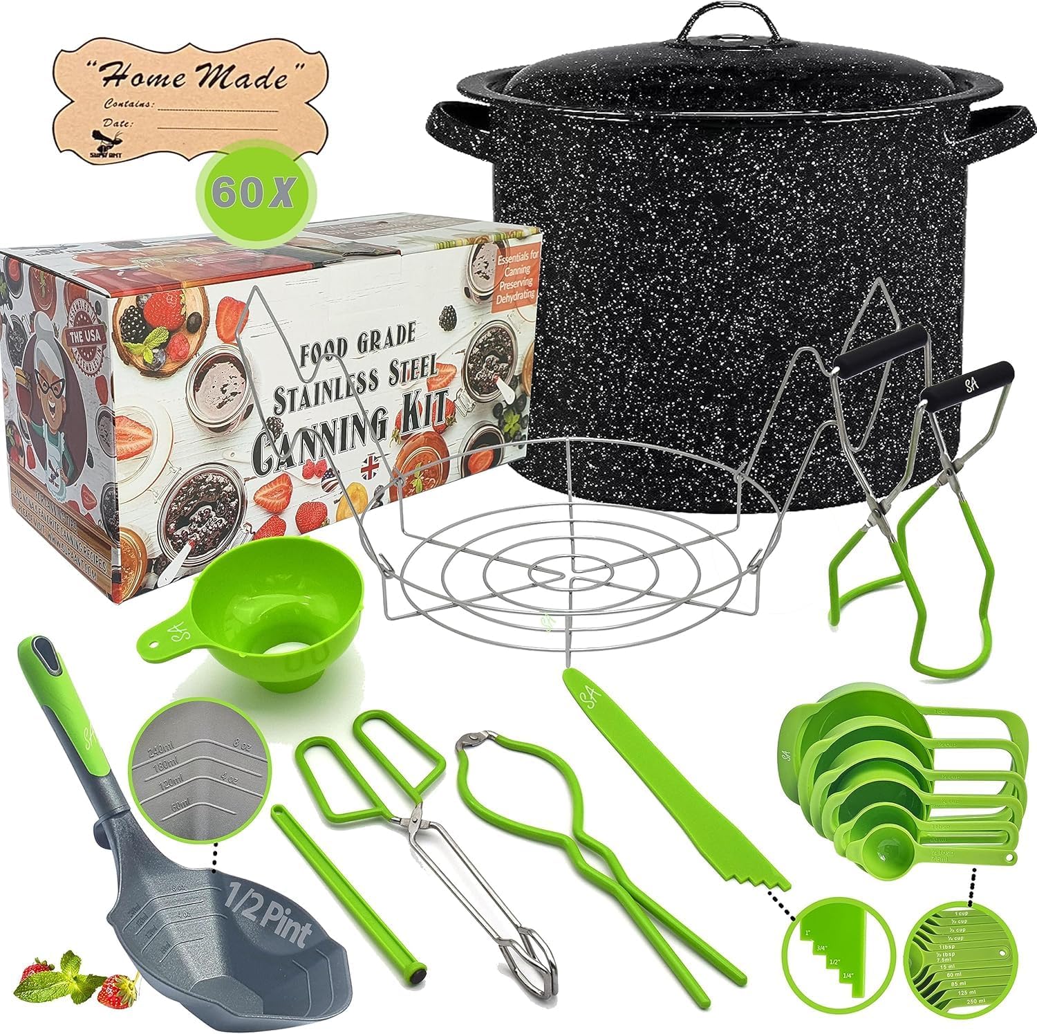Supa Ant Canning Supplies – Water Bath Canning Pot with Rack & Lid – Starter Kits Set for Beginners – Stainless Steel Water Bath Canner Kit & Rack – Rack, XL Ladle, Measuring Cups, Kitchen Funnel