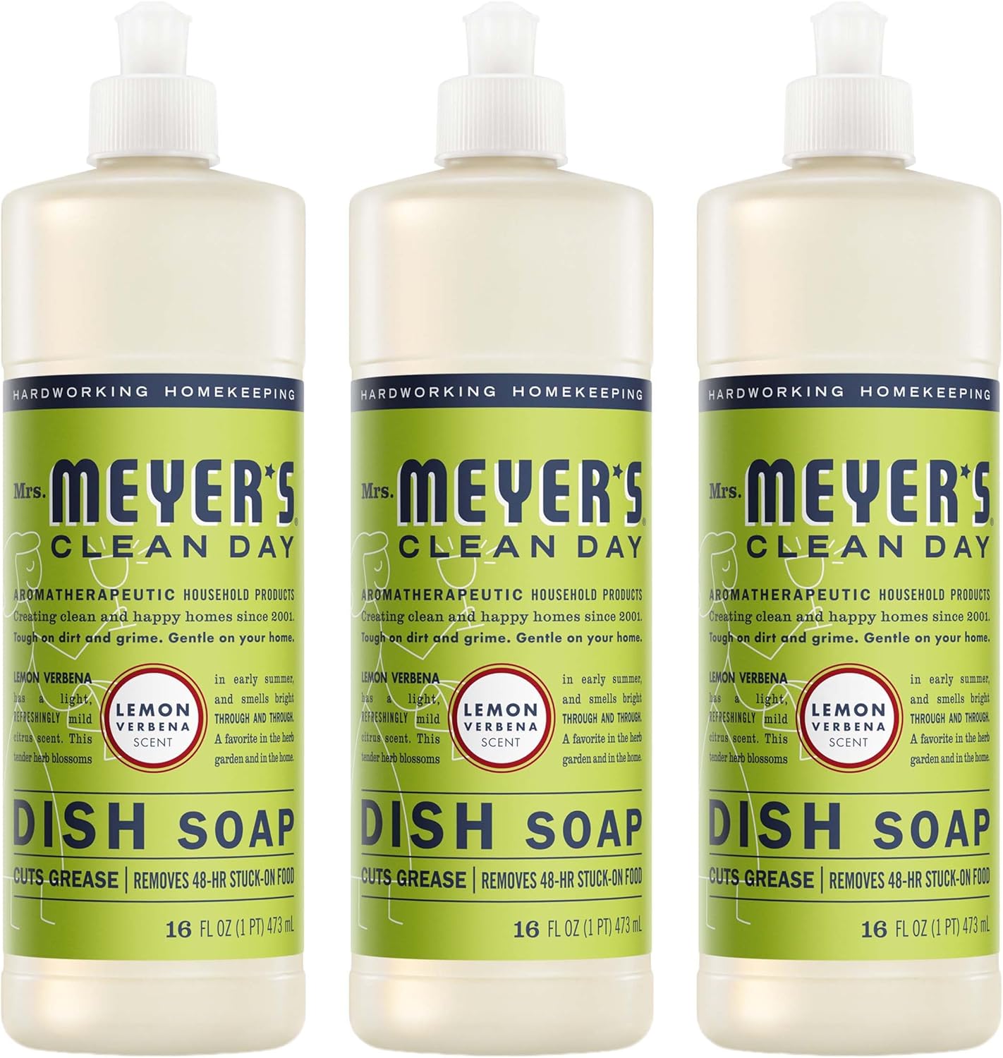 MRS. MEYER’S CLEAN DAY Liquid Dish Soap, Lemon Verbena, 16 fl. oz – Pack of 3