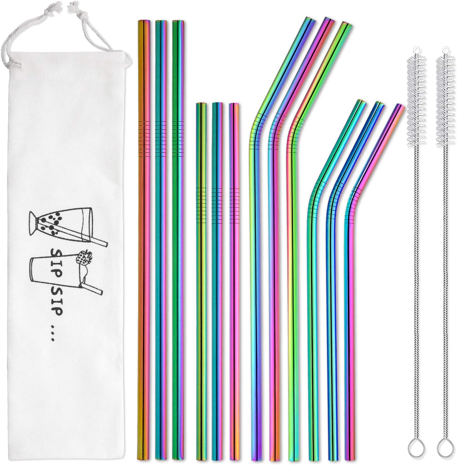 Hiware 12-Pack Rainbow Metal Straws Reusable with Case – Stainless Steel Drinking Straws for 30oz and 20oz Tumblers Dishwasher Safe, 2 Brushes Included