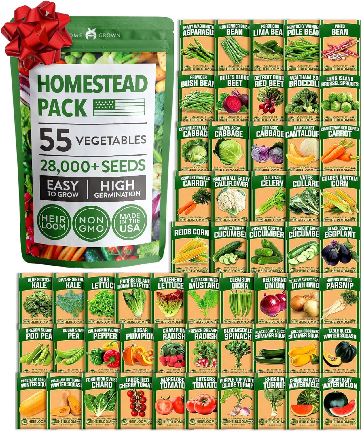 HOME GROWN 55 Variety Survival Seed Vault 28,000+ Heirloom Non-GMO Vegetable Seeds for Planting, High Germination, Emergency Food Supply,Year-Round Garden Starter Kit,Gift for Gardeners (55 Varieties)