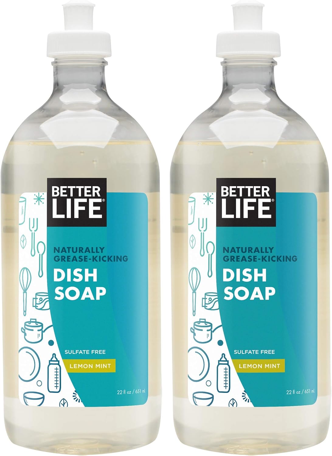 Better Life Dish Soap – Liquid Dishwashing Soap with Vitamin E and Aloe for Home & Kitchen Sink – No Gloves Required Kitchen Soap for Sensitive Skin – 22oz (Pack of 2) Lemon Mint