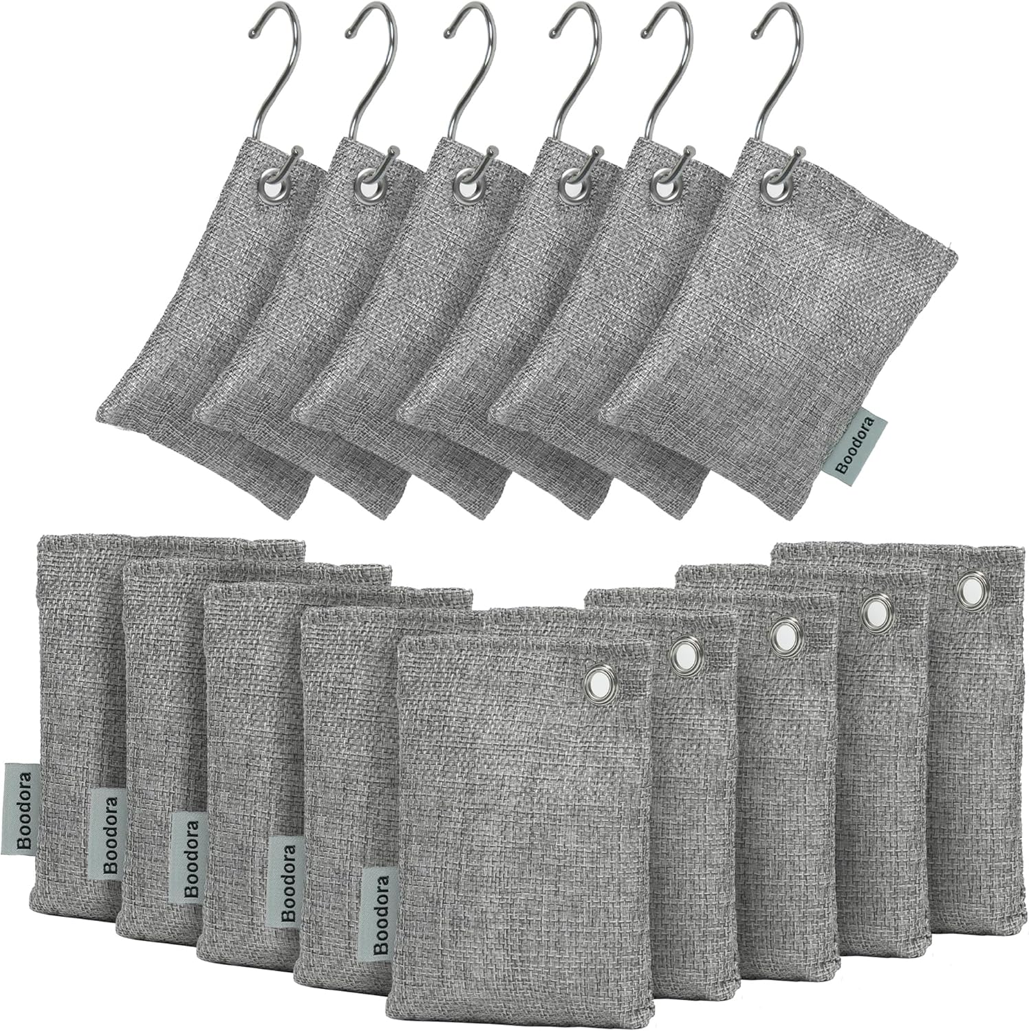 Activated Charcoal Bags Air Purifying 15 Pack, Bamboo Charcoal Odor Absorber for Home Closet Car Shoes, 70g Gray, Natural Odor Neutralizer, Moisture Absorber, Reusable up to 2 Years, 6 Hooks