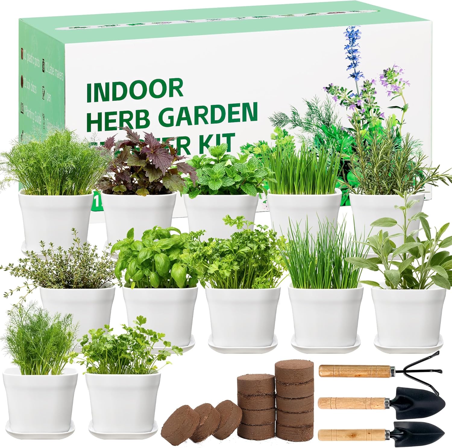 12 Herb Garden Kit Indoor – 42 Pcs Complete Kitchen Window Herbs Seeds Growing Starter Set Kit Gardening Gift Birthday Housewarming Christmas Gift for Women Her Mom Men Home Chefs Gardener Beginner