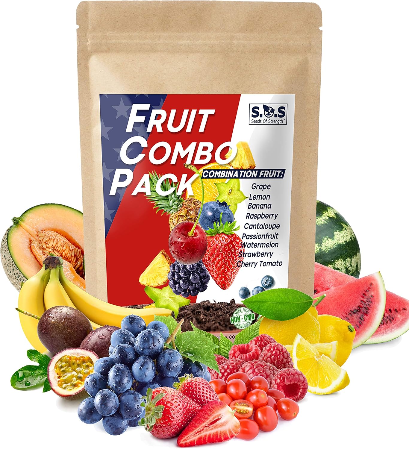 8 Varieties Survival Heirloom Fruit Seeds Pack – Cherry Tomatoes, Cantaloupe, Watermelon, Strawberries, Passion Fruit, Lemons, Raspberries, Grape Seeds for Planting (8 Varieties)