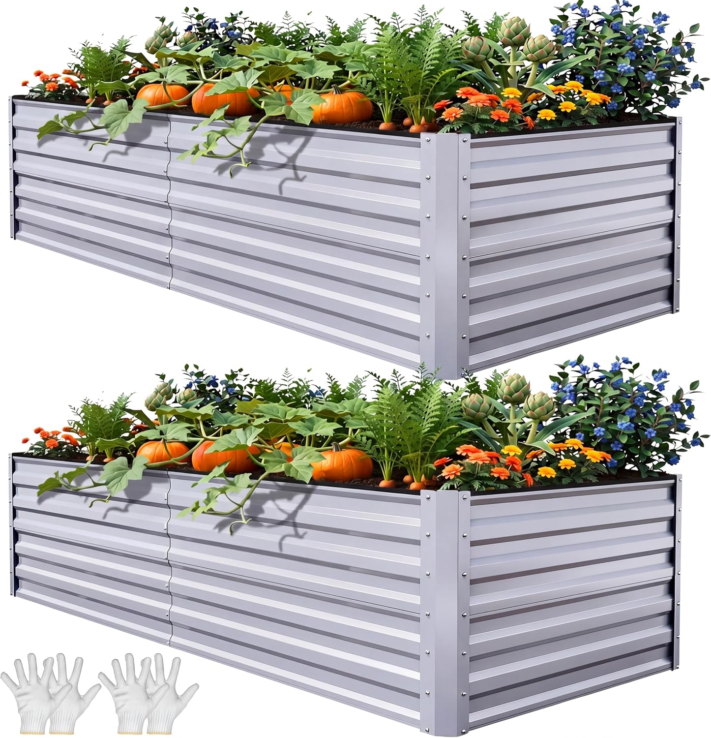 YITAHOME 8x4x2ft 2pcs Large Raised Garden Bed Kit, Galvanized Metal Planter Box with Gloves, Ground Nails & Safety Rubber, Outdoor Above Ground Planters for Plants Vegetables Flowers, Silver