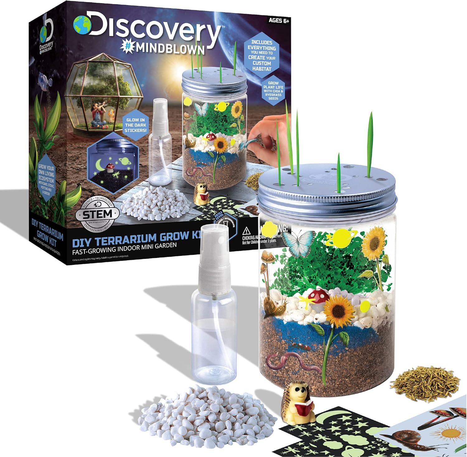 Discovery #MINDBLOWN DIY Terrarium Grow Kit, Fast-Growing Indoor Mini Garden, Create A Living Ecosystem, Includes Sand, Seeds, Potting Mix, Stones and More