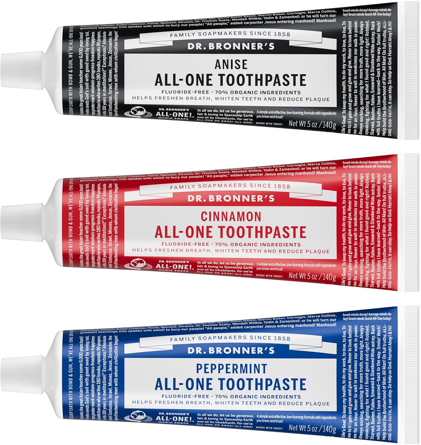 Dr. Bronner’s All-One Toothpaste 3-Pack Variety– (Peppermint, Cinnamon, Anise, 5oz Each)– 70% Organic Ingredients, SLS Free Toothpaste, Fluoride Free, Natural, Vegan, Gentle for Sensitive Teeth