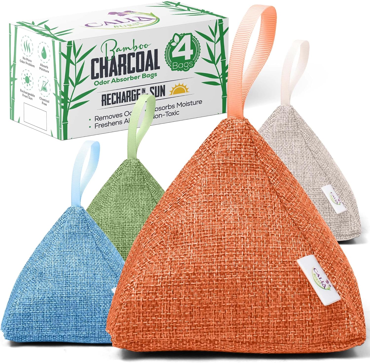 4 Pack Bamboo Charcoal Air Purifier Bags 200 Grams Each – Activated Charcoal Odor Absorber for Car, Pets & Closet – Natural Freshener for Home, Eco-Friendly & Reusable Charcoal Bags (Fresh Colors)
