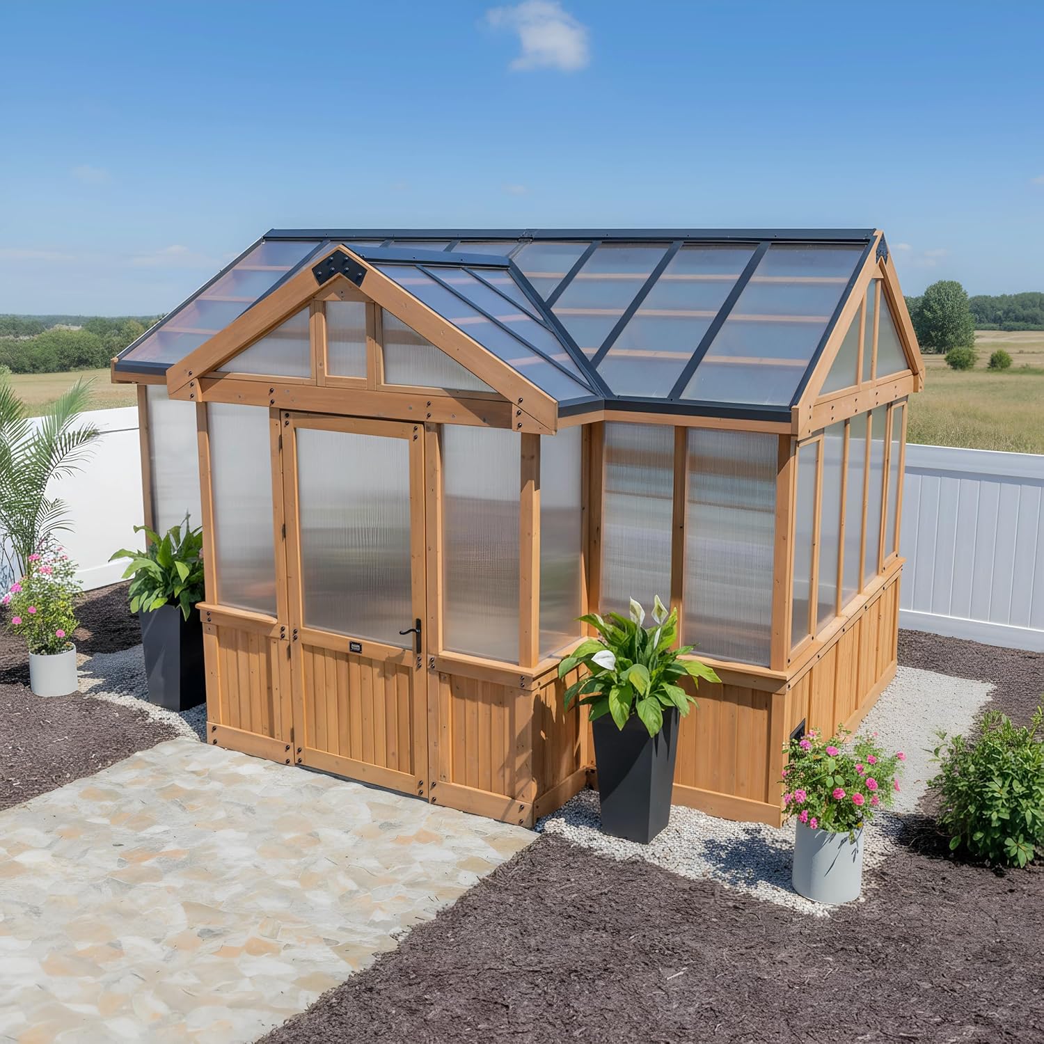 Backyard Discovery Savannah Chalet-Style 14.5′ x 12′ Cedar and Polycarbonate Walk-In Greenhouse Kit with Sink, Exhaust Fans, Windows, Hose Hook-Ups, PowerPort, Staging Shelves for Year-Round Gardening