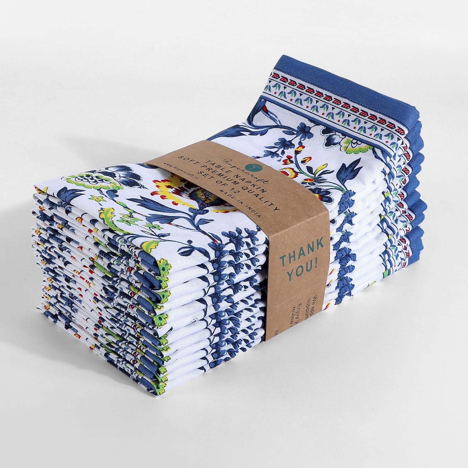 Fingercraft Cloth Napkins, Set of 12 Cotton Linen Blend Printed Dinner Napkins Cloth Mitered Corner Perfect for Parties Dinners Weddings Cocktail Christmas 20×20 Blue Floral