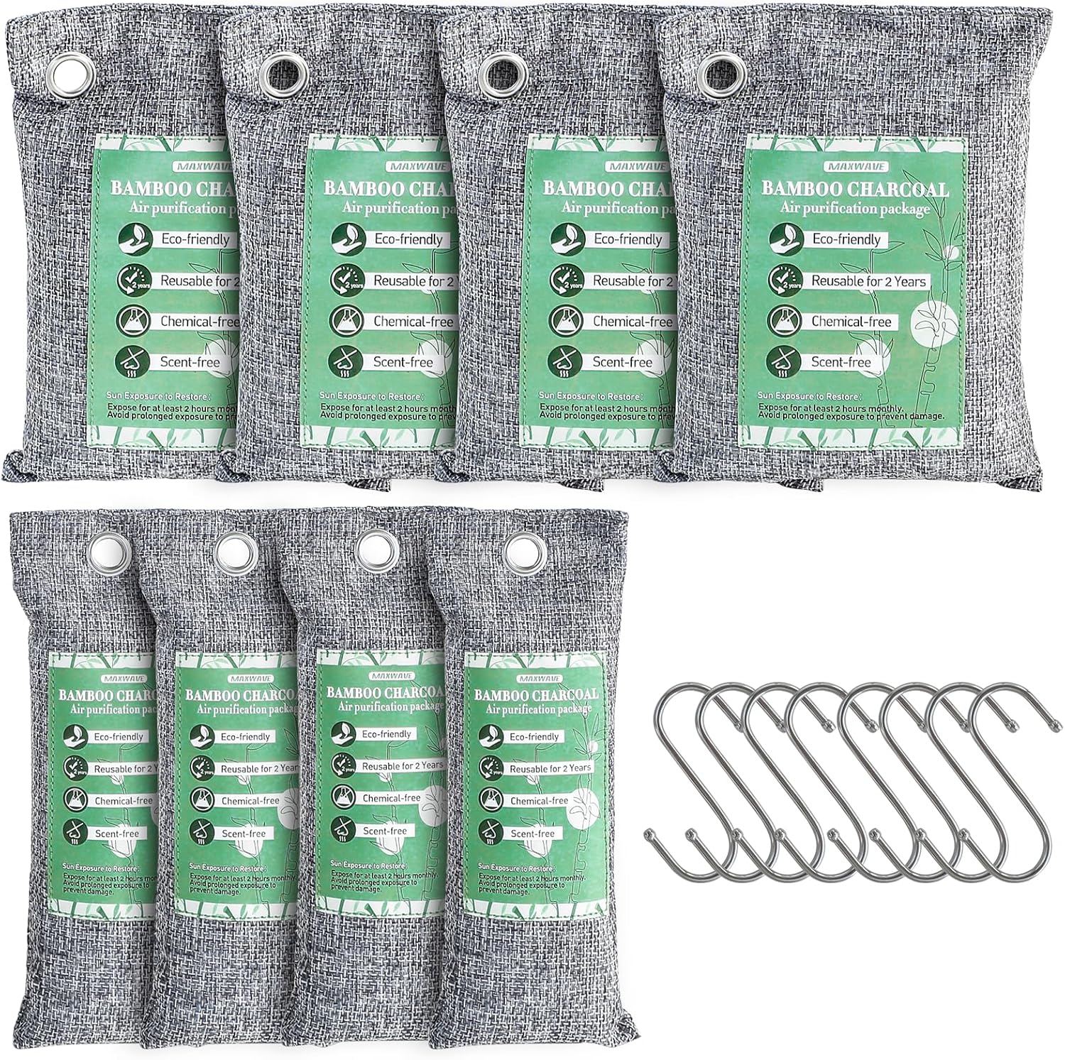 MAXWAVE 8 Pack Activated Charcoal Odor Absorber Bags, Bamboo Charcoal Air Purifying Bags, Natural Air Freshener, Shoe Deodorizer, Moisture Absorber, Odor Eliminators for Home, Car (4×50g, 4×150g)