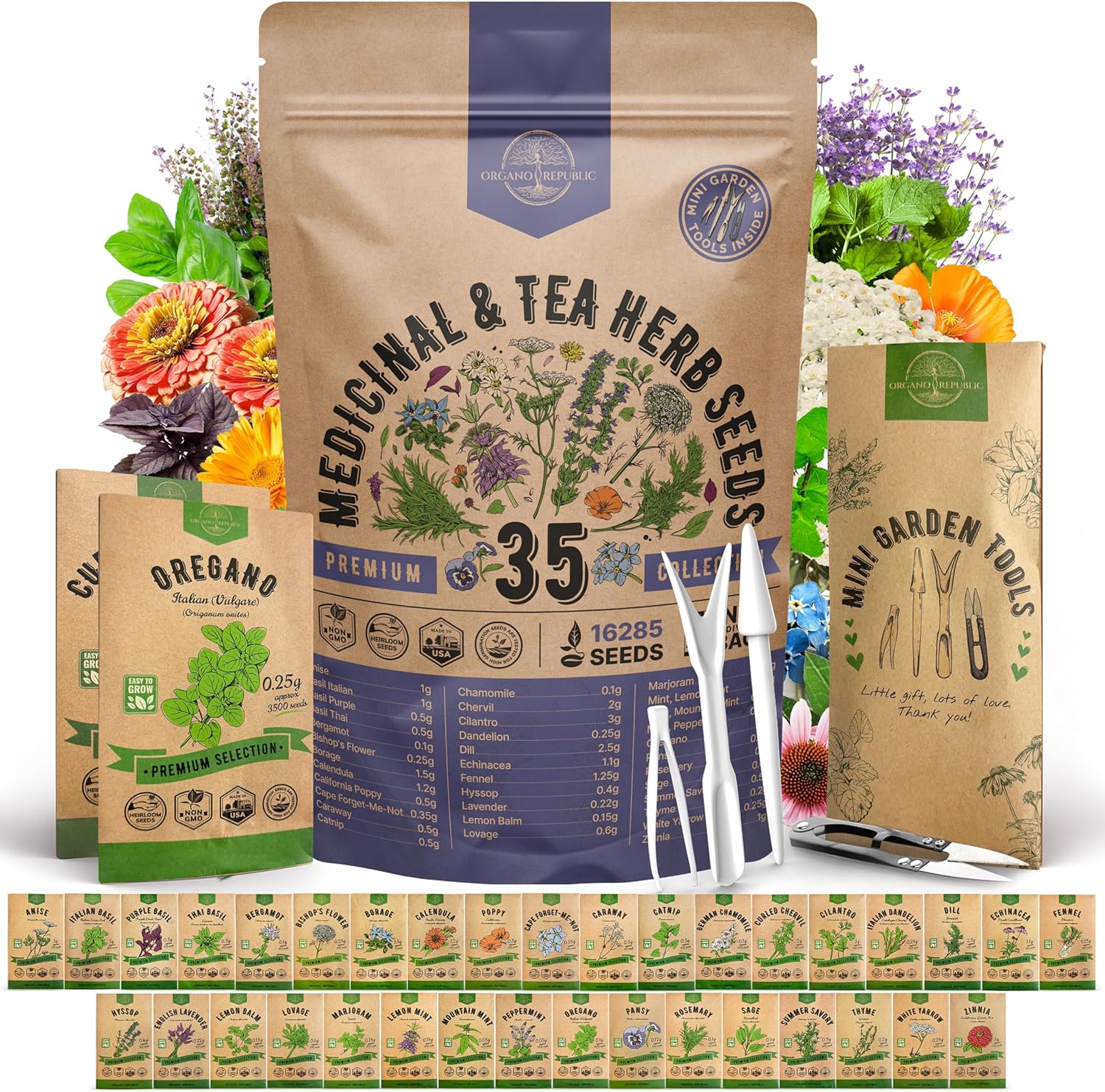 35 Medicinal & Tea Herb Seeds Variety Pack for Indoor & Outdoors. 16,335+ Non-GMO Heirloom Garden Seeds: Anise, Bergamot, Borage, Cilantro, Chamomile, Dandelion, Rosemary Seeds & More