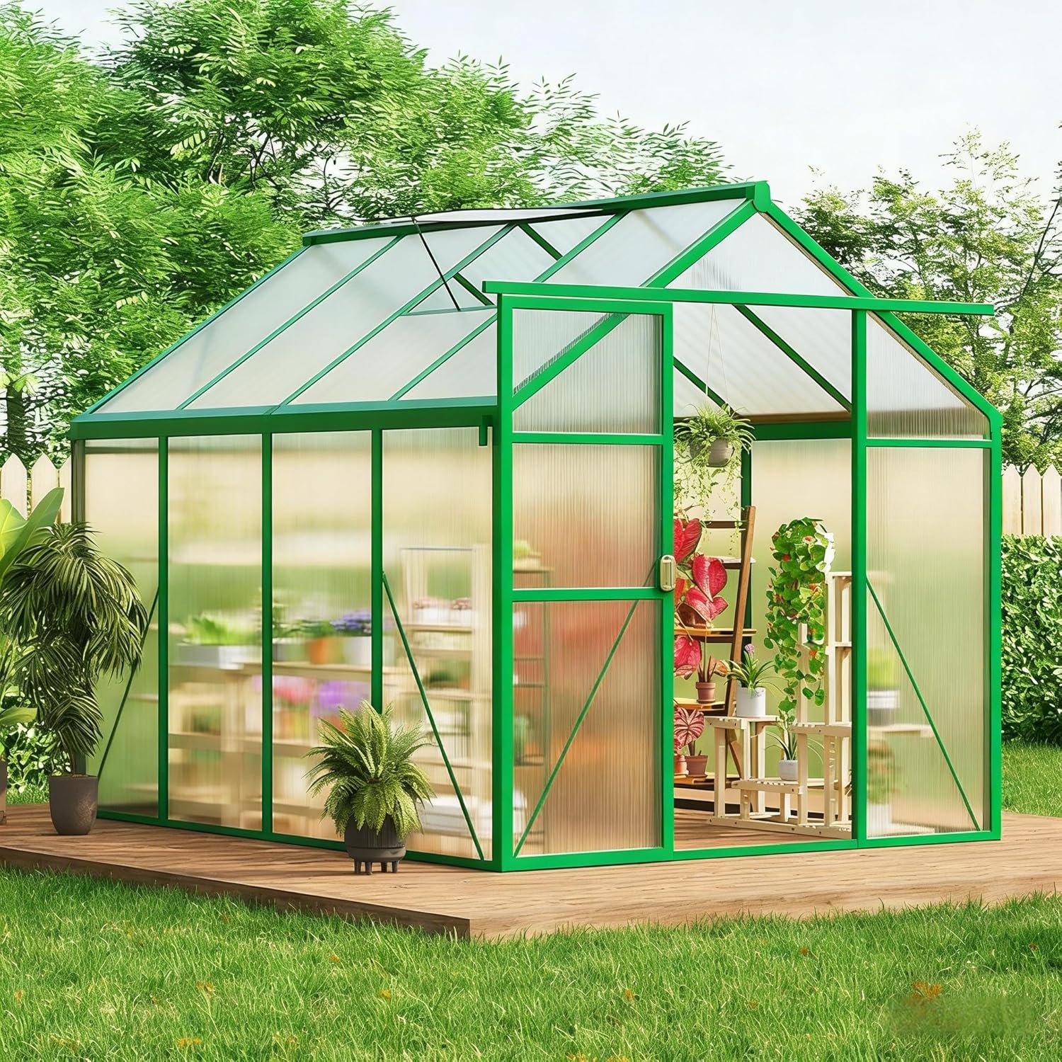 6×8 FT Greenhouse, Easy Assembly Aluminum Polycarbonate Greenhouses for Outdoors with Roof Vent, Large Aluminum Walk-in Greenhouse for Sunroom Patio, Backyard, Garden, Sliding Lockable Door, Green