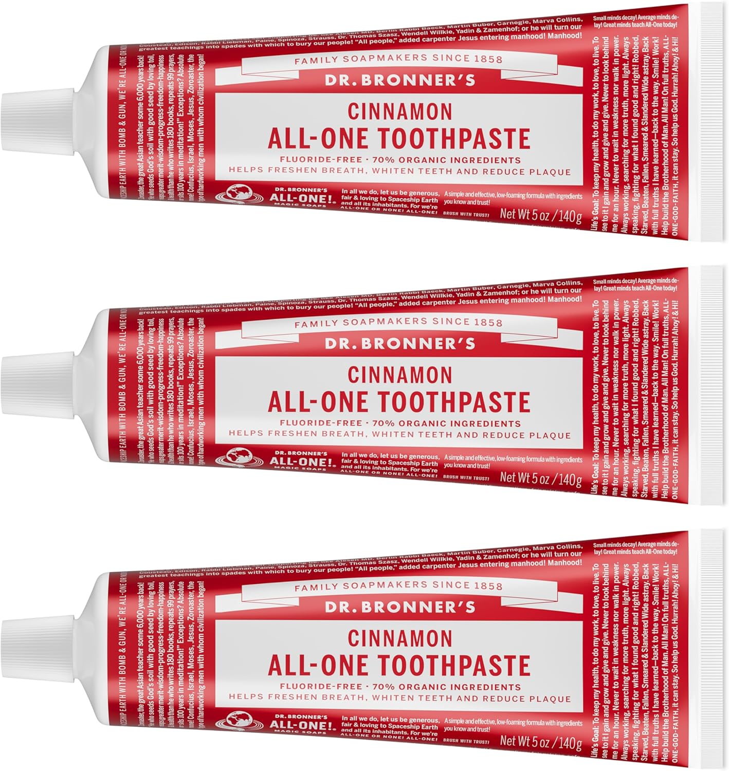 Dr. Bronner’s All-One Toothpaste– Cinnamon, 5 oz, 3-Pack– Fluoride-Free Toothpaste for Adults, SLS-Free, 70% Organic & Natural Ingredients, Vegan, Helps Freshen Breath, Reduce Plaque, Whiten Teeth