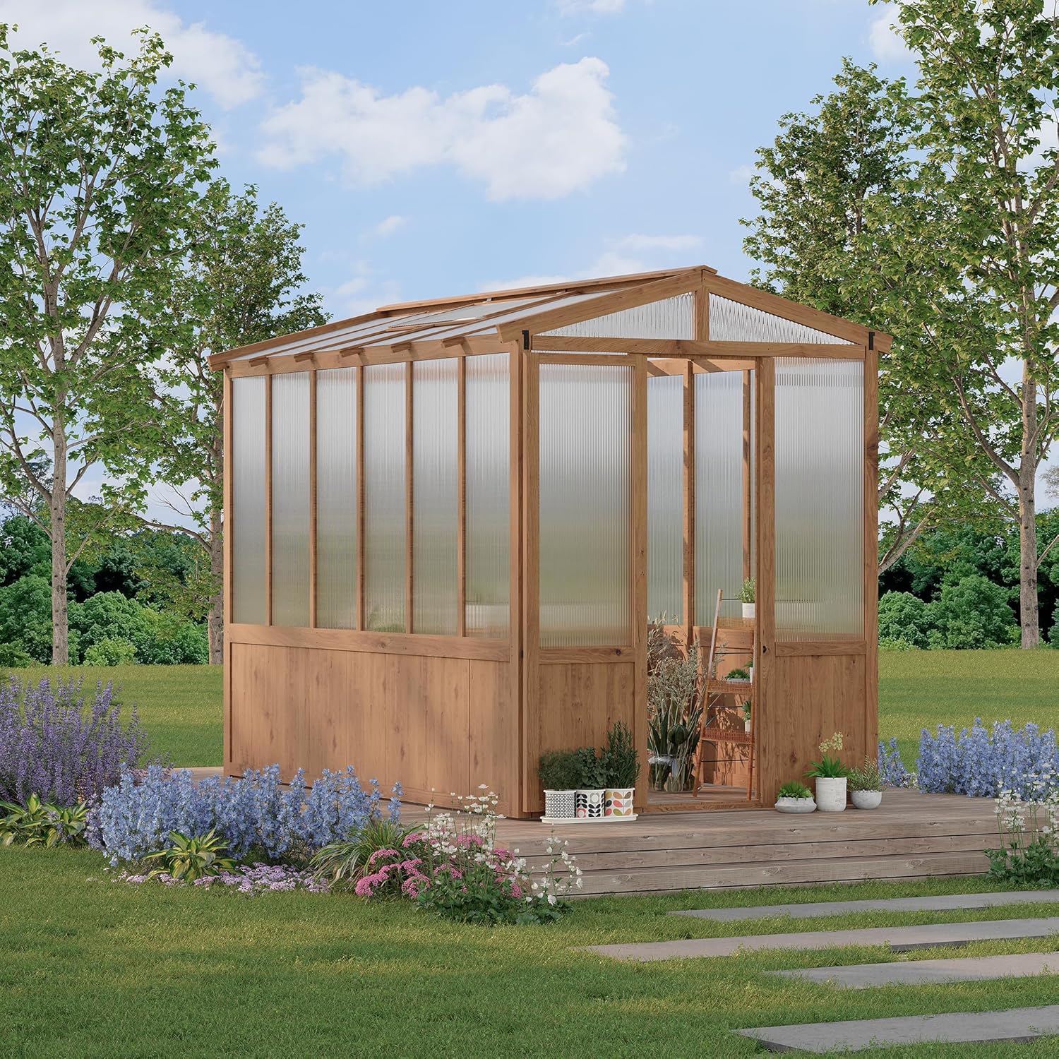GarveeLife 6x10FT Wooden Greenhouses for Outdoors, Wooden Walk-in Green House with Cedar Frame, Greenhouse Kit with 6MM Thick Polycarbonate Panel