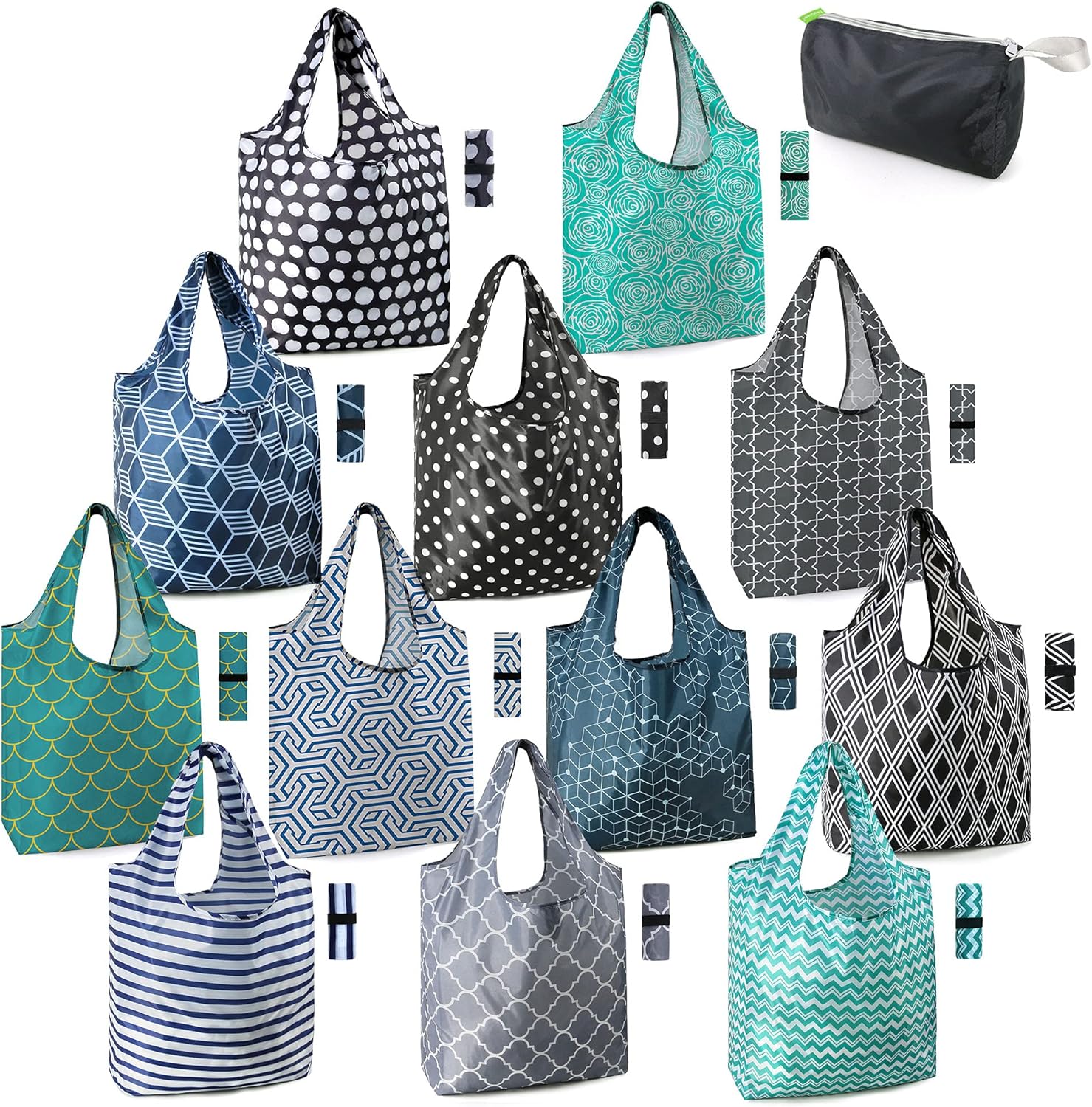 BeeGreen Reusable Grocery Bags Lightweight Durable Shopping Bags Washable Foldable 12 Pack Xlarge Classic Geometric Design Gift Tote Grocery Bags with Elastic Band and Separated Zipper Storage Pouch