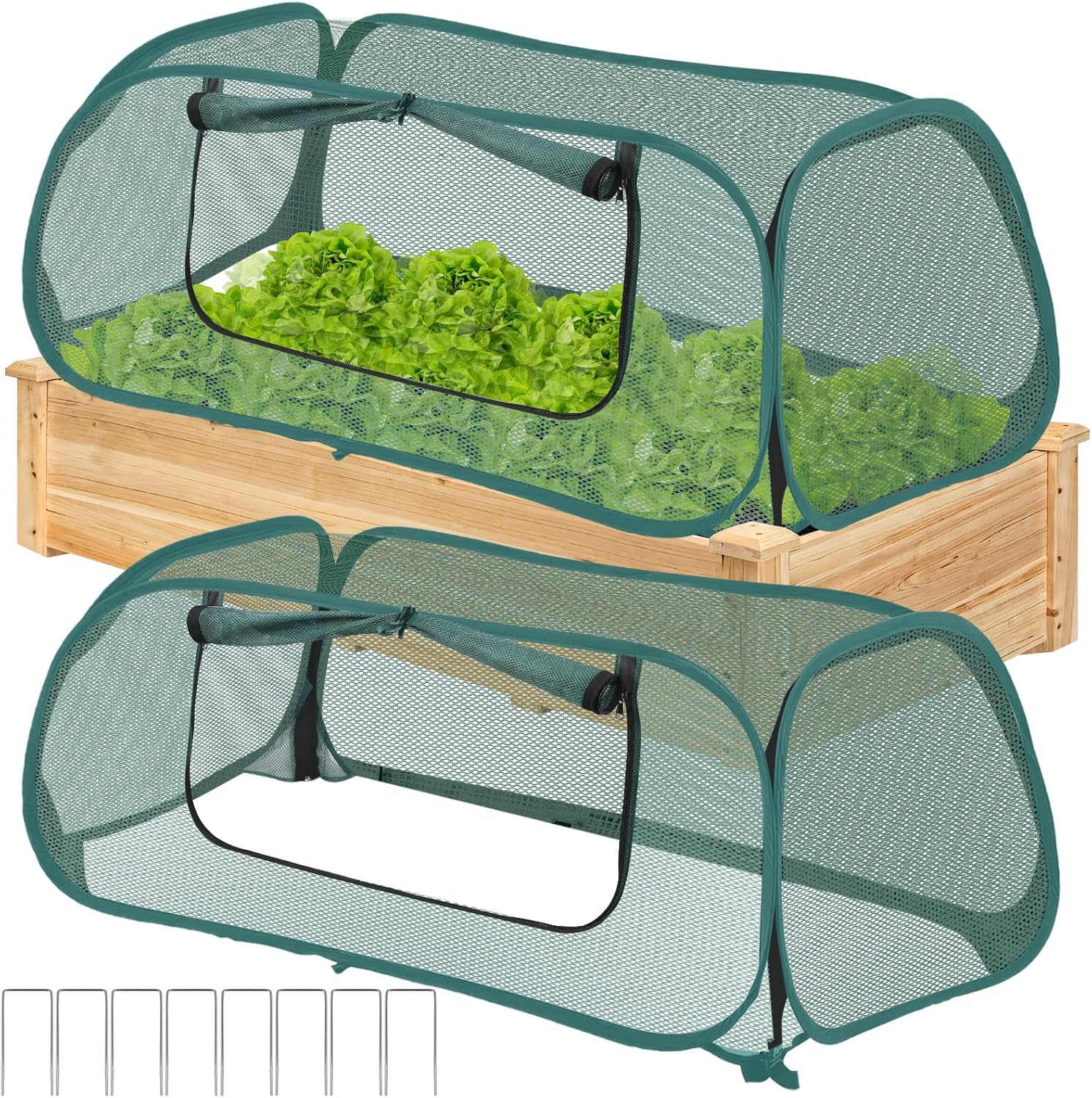 2Pack Garden Covers for Raised Beds, Pop Up Mesh Plant Covers for Outdoors, 30% Sunblock Plant Shade Tent, Crop Cage for Seedlings Vegetable Against Birds, Animals, with 8 Stakes (45″X22″X16″)