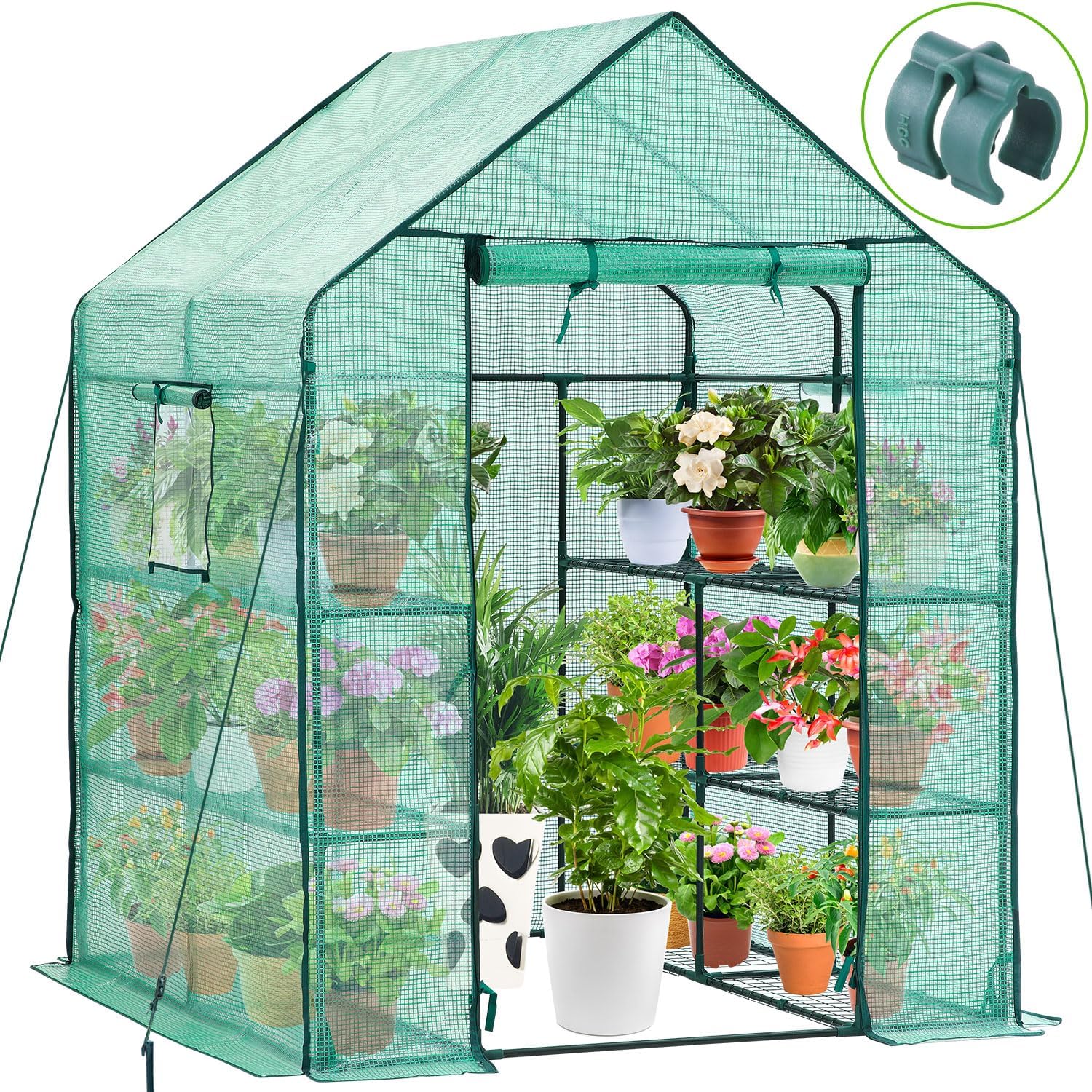 Ohuhu Greenhouse for Outdoors with Screen Windows, 57 x 57 x 76” Walk in Plant Greenhouses Heavy Duty with Durable PE Cover, 3 Tiers 12 Shelves Stands Plastic Portable Green House with Shelf Clips