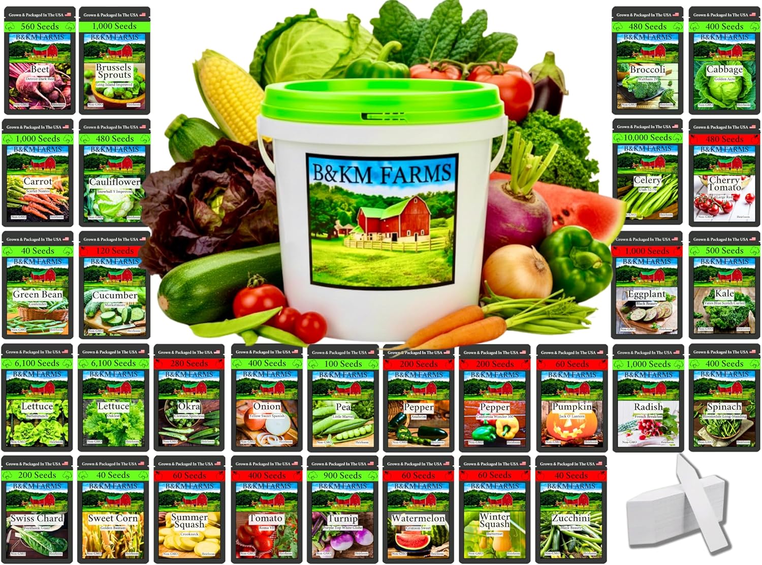 B&KM Farms 20,000+ Survival Seed Kit 5+ Year Supply. 30 Fruit & Vegetable Non-GMO Heirloom Seeds for Planting a Home Garden. Secure Emergency Weather-Proof Bucket