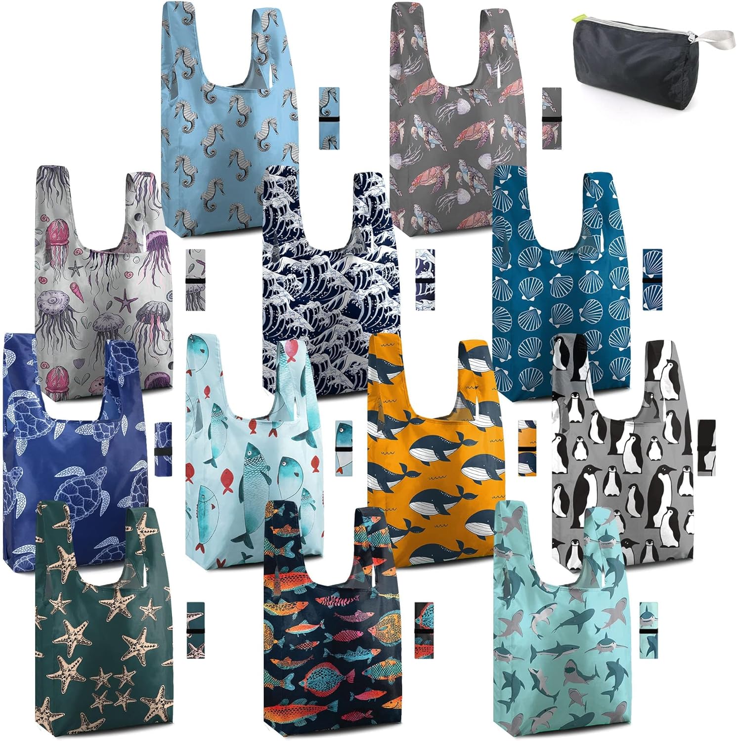BeeGreen Marine Animal Reusable Grocery Bags Bulk Gifts 12-Pack – Large Tote with Zipper Pouch | Foldable & Washable Polyester Shopping Bags Heavy Duty Animal Lover Gifts Reusable Bag With Handles