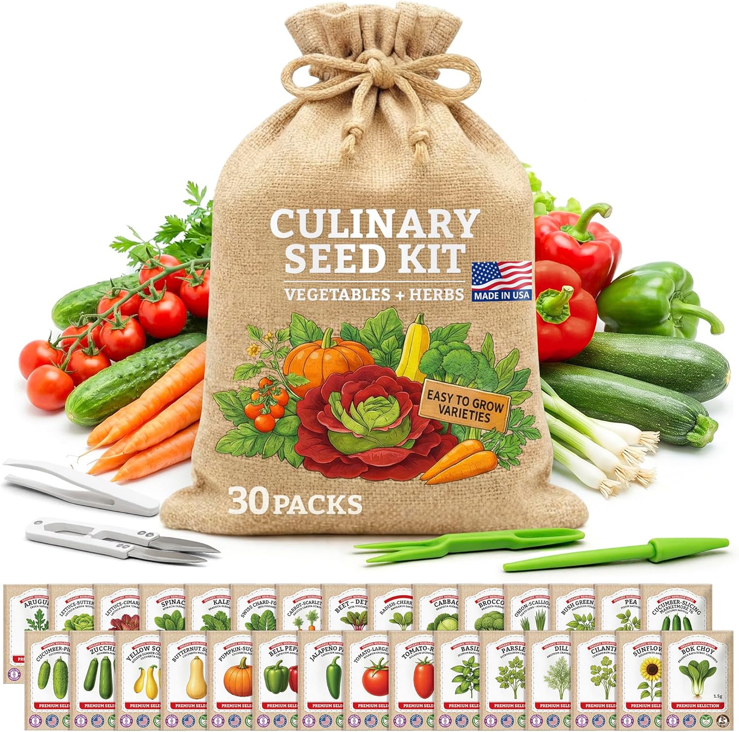 Culinary Vegetable & Herb Seeds Variety Pack – 30 Heirloom Non-GMO Garden Seeds for Planting, Seed Kit with Tools, Made in USA