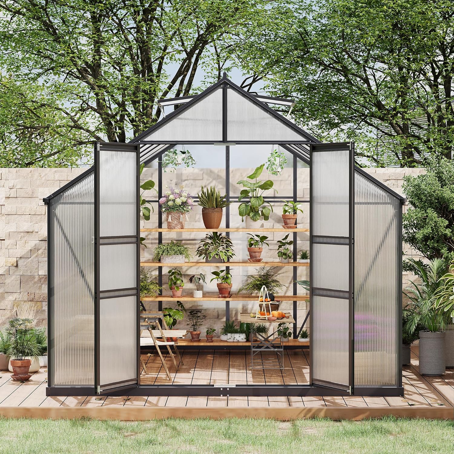 Aluminum Frame with Polycarbonate Panel Outdoor Greenhouse – Large 8*12 FT Garden Greenhouse, Polycarbonate with Roof Vent, Quick Setup Aluminum Structure