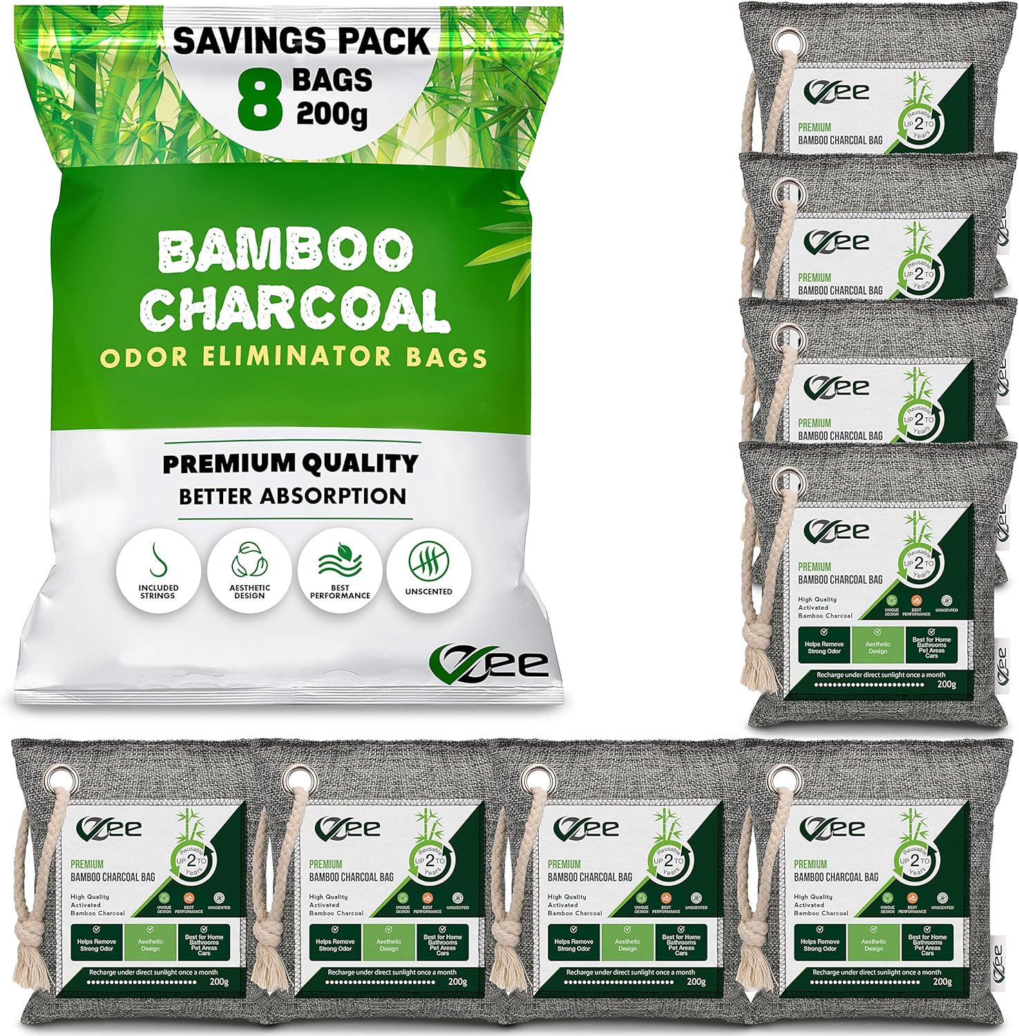 8 XL Bags x 200g Nature Fresh Activated Odor Absorber, Bamboo Charcoal Air Purifying Bag, Odor Eliminator for Home, Car, Cigarette Smoke, Dog, Cat, Shoes