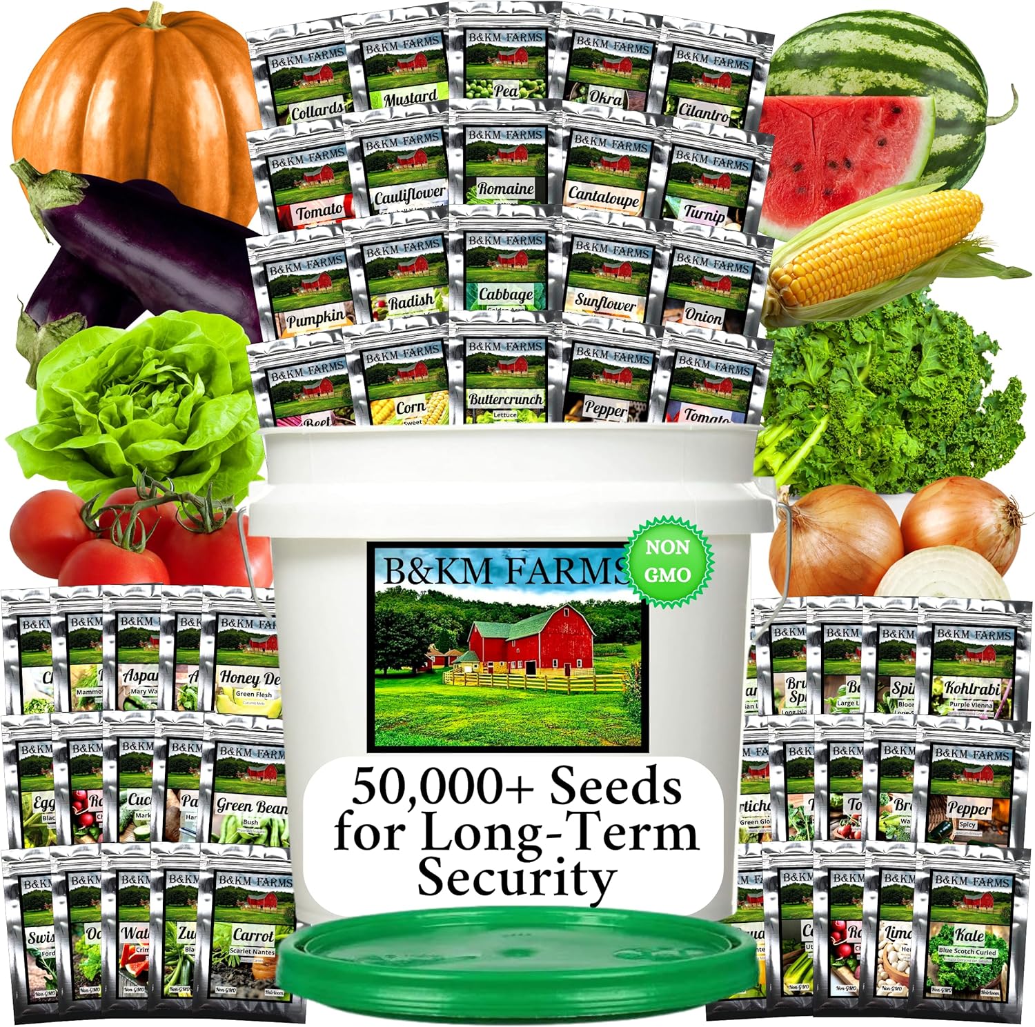 Survival Seed Vault: 50 Varieties, 50,000+ Non-GMO Heirloom Seeds – 5+ Year Supply in Secure Bucket + Growing Guide by B&KM Farms