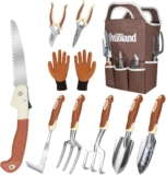 10-Piece Garden Tool Set, Brown Gardening Hand Tools Kit with Ergonomic Non-Slip Handles, Heavy Duty Rust-Proof Aluminum Tools, Organizer Tote Bag & Gloves, Ideal Gardening Gifts for Women and Men